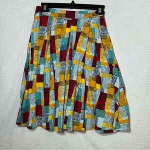 LuLaRoe Madison Pleated Blue and Gold Midi A-Line Flare‎ Skirt